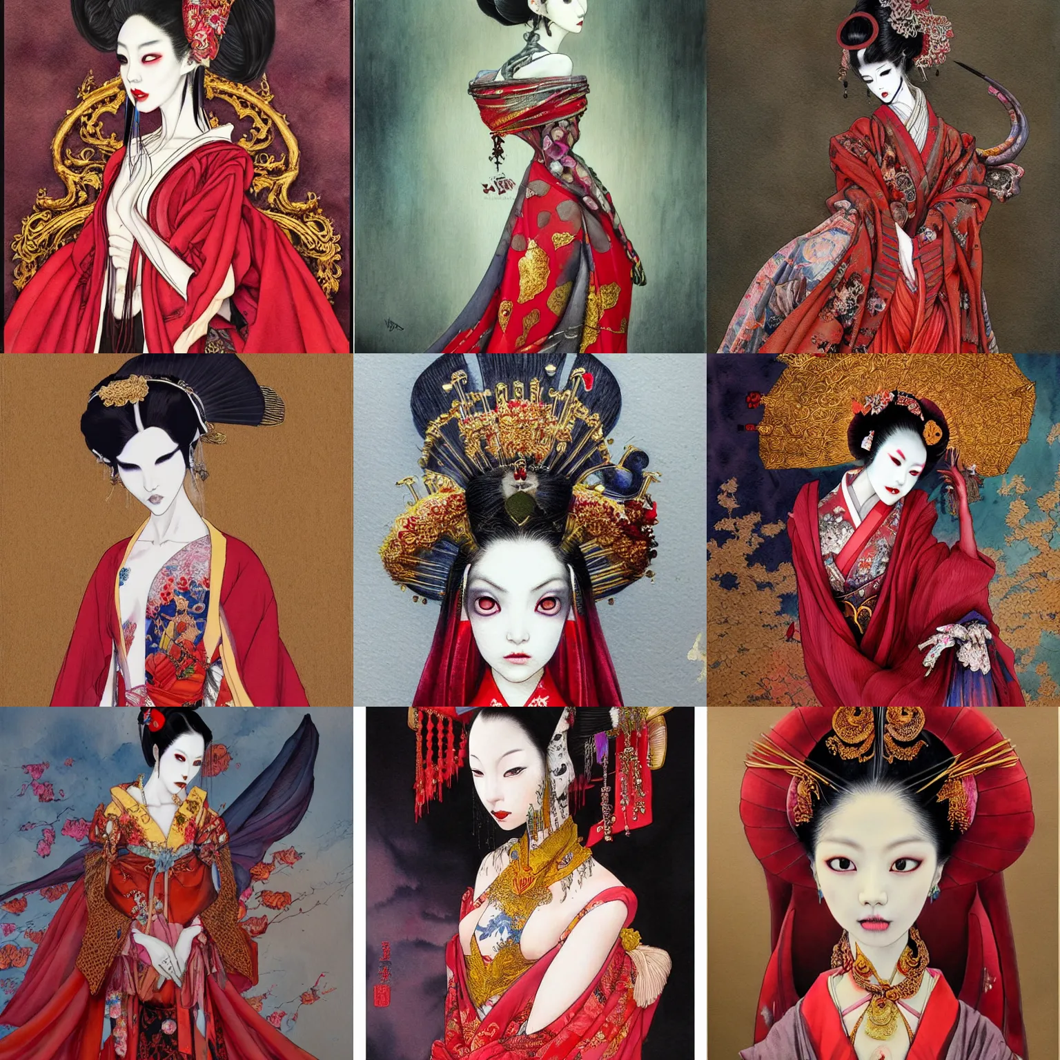 Image similar to watercolor painting of avant - garde portrait of an asian bjd geisha vampire queen with a long neck in a victorian red dress painted by yoshitaka amano, daniel merriam, ayami kojima, intricate detail, artstation, artgerm, in the style of dark - fantasy, rococo, gold leaf art