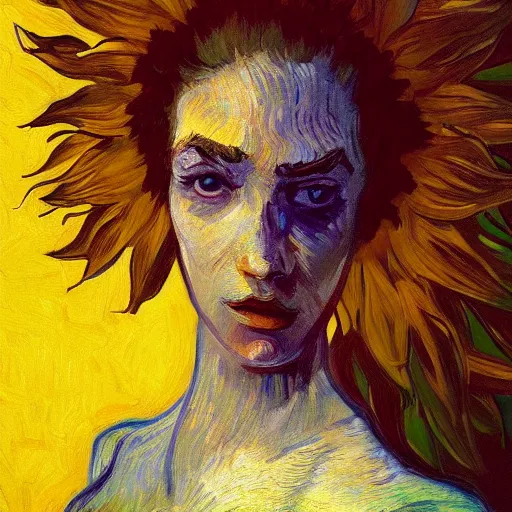 Prompt: giant sunflower head, woman in an apartment, surreal, dramatic light, impressionist painting, digital painting, artstation, van gogh