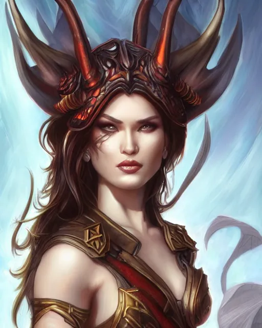 Image similar to dragon raider, digital art by julie bell and artgerm and ross tran and angel ganev, medium shot portrait, highly detailed, trending on artstationhq