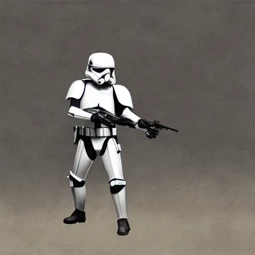 Image similar to an extremely long shot of an imperial stormtrooper in battle position ready to shoot his blaster concept art by Doug Chiang cinematic, realistic painting, high definition, very detailed, extremely high detail, photo realistic, concept art, the Mandalorian concept art style, green background