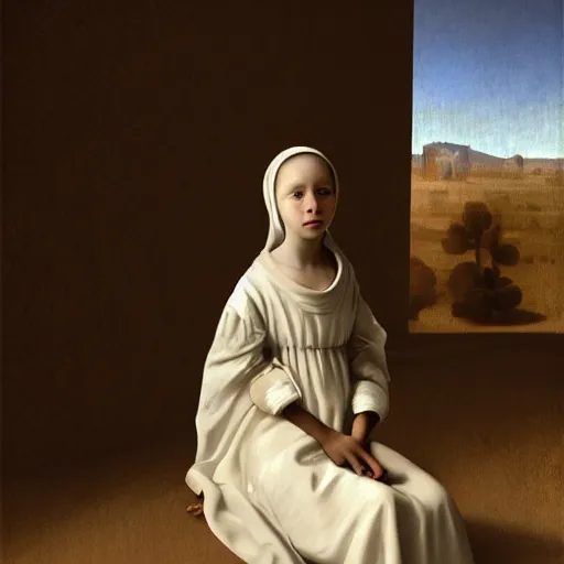 Image similar to a portrait of a beautiful young girl with white long dress crying in a desert by vermeer and line design by michael angelo , baroque, neo Gothic,matte painting, baroque detailes,photo real,concept art,highly detailed,sharp lines, hdri, 4k