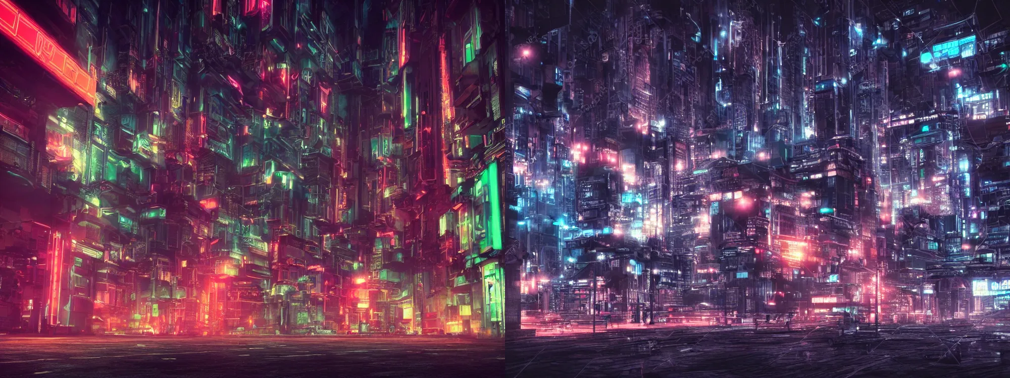 Prompt: dystopian neon city at night in HDR photorealistic style, futuristic, 3D realistic materials