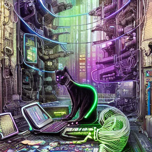 Prompt: cyberpunk goth humanoid cat cyborg working on cyberpunk computer in cyberpunk farmers market by william barlowe and pascal blanche and tom bagshaw and elsa beskow and enki bilal and franklin booth, neon rainbow vivid colors smooth, liquid, curves, very fine high detail 3 5 mm lens photo 8 k resolution