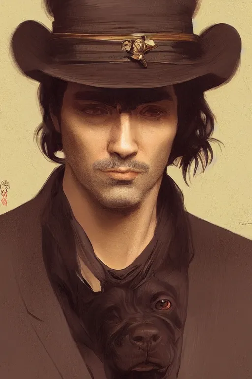 Image similar to portrait illustration of a dog as a italian mafia leader, intricate, elegant, highly detailed, digital painting, artstation, concept art, smooth, sharp focus, illustration, art by artgerm and greg rutkowski and alphonse mucha and william - adolphe bouguereau