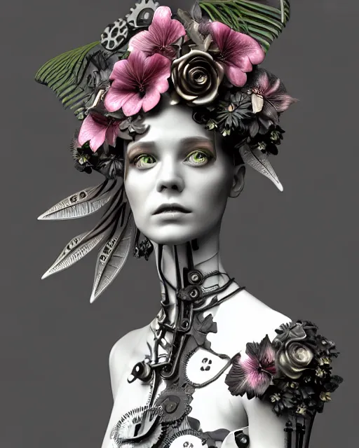 Image similar to monochrome 3 d model, floral steampunk biomechanical beautiful young female cyborg with porcelain profile face and a techno eye, volumetric light, leaves foliage and stems, hibiscus flowers, boho floral vines, sinuous fine roots, fine foliage lace, alexander mcqueen, rim light, gothic fashion pearl embroidered collar, octane render, bw, 8 k