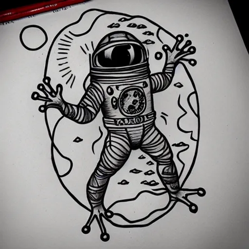 Prompt: old school, traditional style tattoo sketch of frog in a space suit in front of the mars drawn by sailor jerry, vic james, electric martina, heath clifford, kimi vera