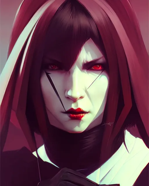 Image similar to sharp hq rendering, dark vampire, character portrait, concept art, painterly, fanart, highly detailed in the style of wlop by ilya kuvshinov, wenjun lin, angular geometric symmetrical design