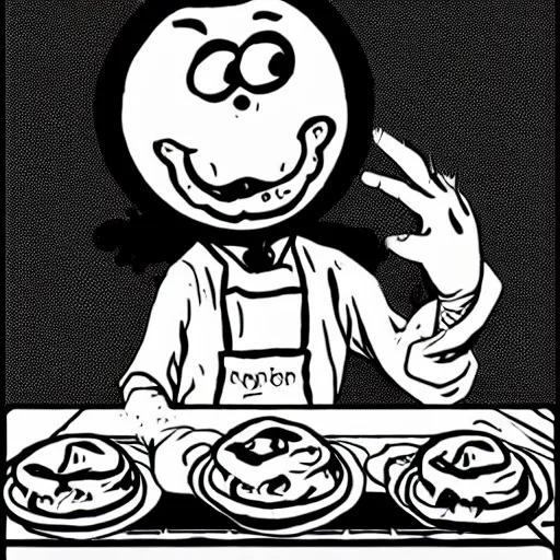 Prompt: evil anthropomorphic cookie cooking a bunch of cookies, in the kitchen, award winning manga style, black ink