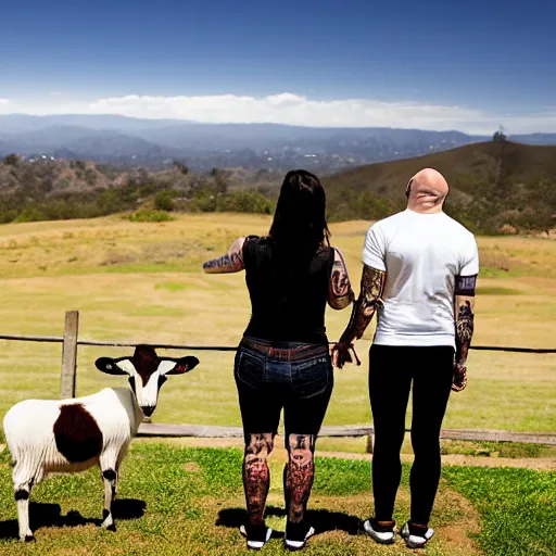 Prompt: portrait of a young chunky bald white male tattoos and his young white female brown hair wife with tattoos. male is wearing a white t - shirt, tan shorts, white long socks. female is has long brown hair and a lot of tattoos. photo taken from behind them overlooking the field with a goat pen. rolling hills in the background of california and a partly cloudy sky