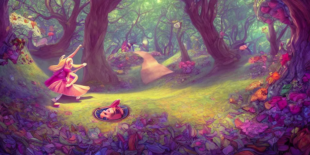 Image similar to Alice falling down the rabbit hole, alice in wonderland, colorful, wide angle, super highly detailed, professional digital painting, artstation, concept art, smooth, sharp focus, no blur, no dof, extreme illustration, Unreal Engine 5, Photorealism, HD quality, 8k resolution, cinema 4d, 3D, beautiful, cinematic, art by artgerm and greg rutkowski and alphonse mucha and loish and WLOP