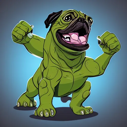 Image similar to pug dog turning into the Incredible Hulk, green skin, angry, torn clothes, marvel comics, cell animation, intricate detail,