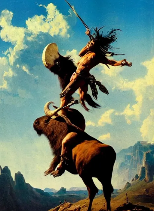 Image similar to willem dafoe as a native american riding bison, buffalo, native american warrior, mountain range, beautiful sky, standing on the edge of a cliff, 1 9 th century, painted by frazetta