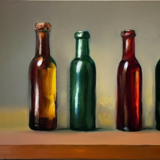 Prompt: a room with four bottles on the floor and a painting of three bottles hanging on the wall, trending on artstation, intricately ordinated oil painting