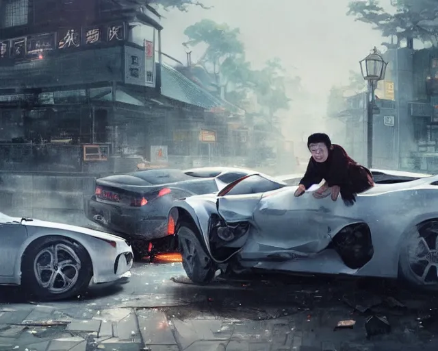 Image similar to a 50 year old brunnette chinese man with puffy cheeks lying with closed eyes on the ground next to a white super car crash, horror scene, dramatic, anime art, Greg Rutkowski, studio ghibli, dramatic lighting