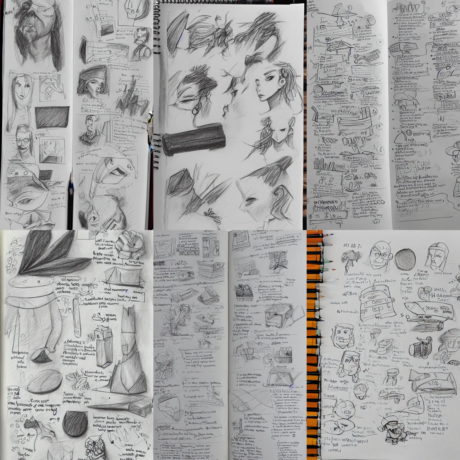 Prompt: a sketchbook page filled with pencil drawings and notes, high quality