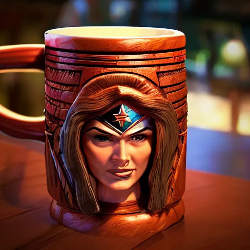 Image similar to a closeup photorealistic photograph of wonder woman tiki style mug at trader vic's bar. brightly lit scene. this 4 k hd image is trending on artstation, featured on behance, well - rendered, extra crisp, features intricate detail, epic composition and the style of unreal engine.