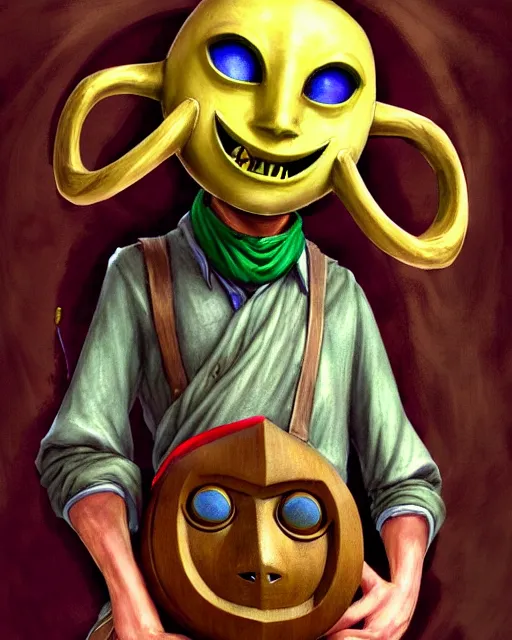 Image similar to character concept art of the happy mask salesman from the legend of zelda : majora's mask | | handsome - fine - face, pretty face, realistic shaded perfect face, fine details by stanley artgerm lau, wlop, rossdraws, james jean, andrei riabovitchev, marc simonetti, and sakimichan, tranding on artstation