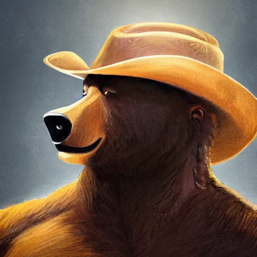 Image similar to portrait of bear beast-man wearing a cowboy hat, digital art, concept art, highly detailed, sharp focus