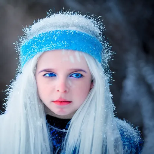 Image similar to ice dust around a frozen girl with white hair and blue eyes