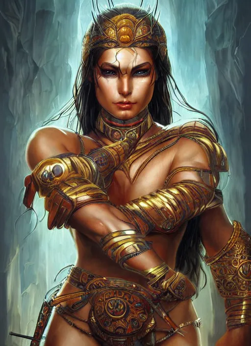 Image similar to a highly detailed symmetrical painting of a female amazon warrior with piercing beautiful eyes in dark tomb setting, dynamic lighting, ambient lighting, deviantart, art by artgerm and karol bak and mark brooks