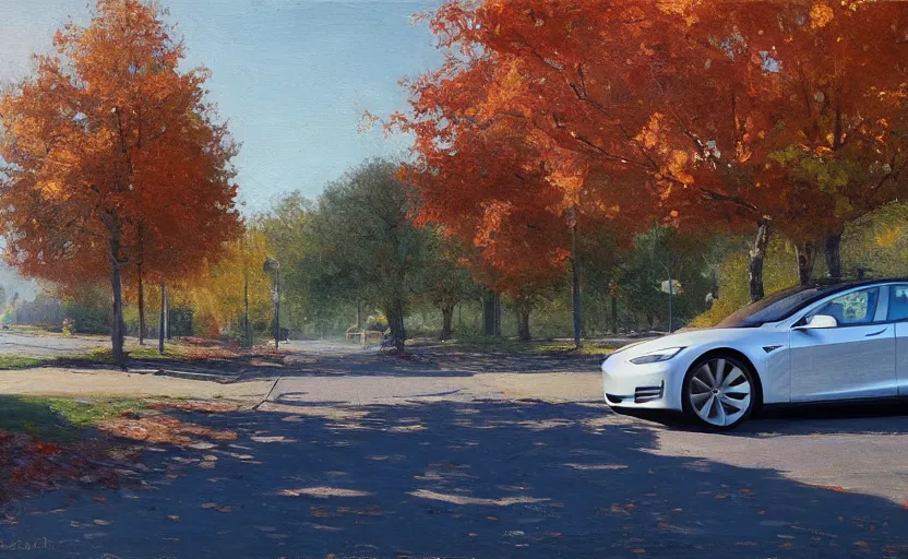 Prompt: new tesla model s on an autumn street by peder mørk mønsted