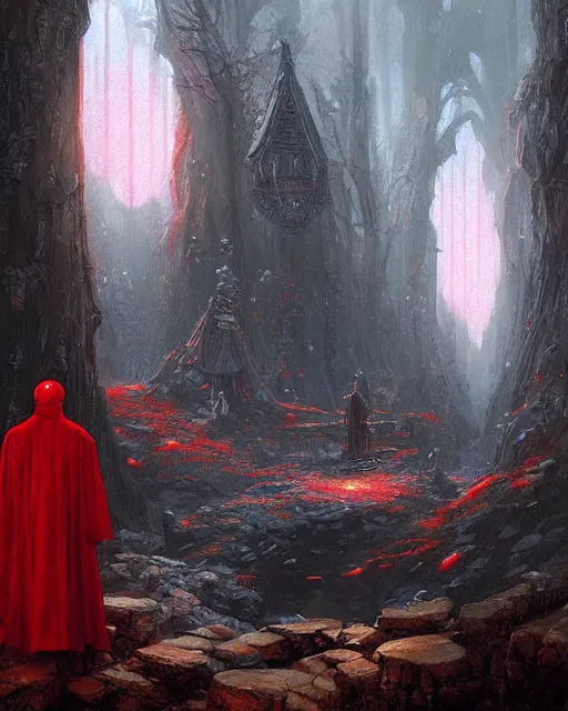 Image similar to a fantasy painting with a wizard in red robes in the foreground of a surreal environment by greg rutkowski and michael whelan