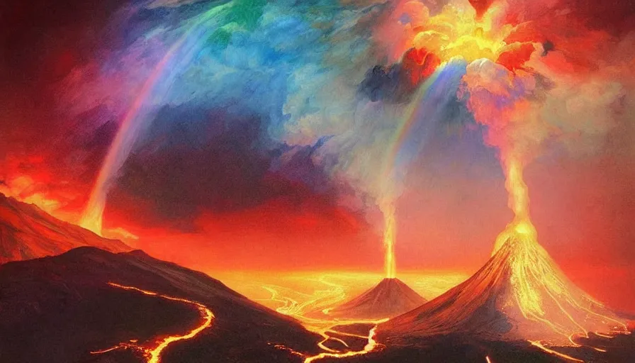 Image similar to rainbow from an erupting volcano at night, fantasy, intricate, elegant, highly detailed, digital painting, artstation, concept art, smooth, sharp focus, illustration, art by artgerm and H R Giger and alphonse mucha,