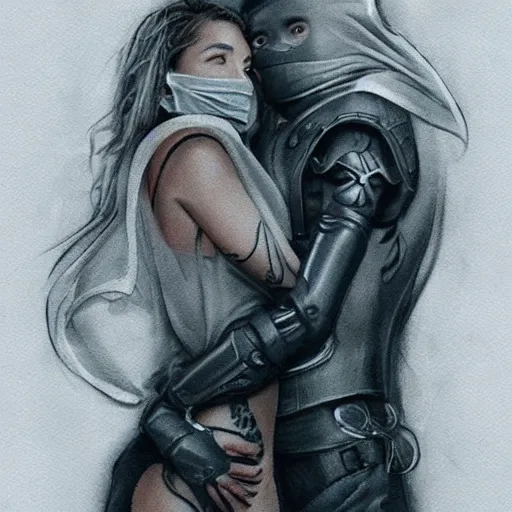 Image similar to Hot young woman, grey skin, tattoos, wearing leather and **platonically cuddling** a humanoid in a shroud and mask concept art