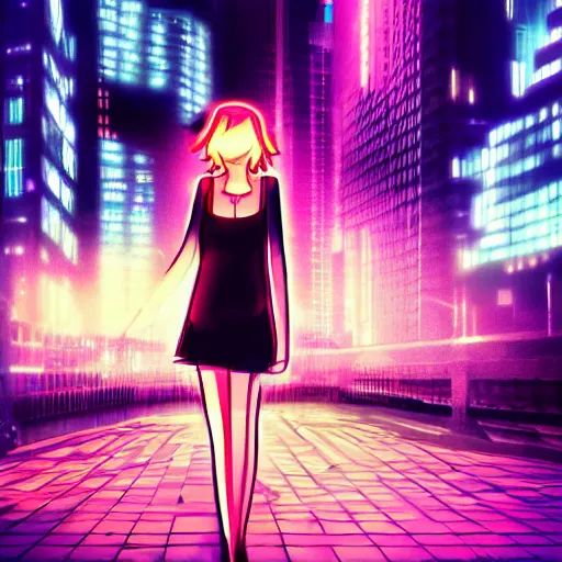 Image similar to woman lost in a city at night, neon lights, awesome, digital art, anime