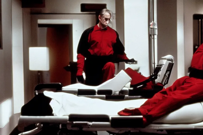 Image similar to a scene from the movie dead ringers with jeremy irons, dark cinematic lighting, heavy black and red palette and color contrast, medical equipment, movie directed by wes craven