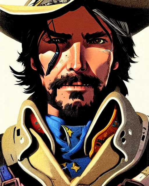 Prompt: mccree from overwatch, space cowboy, character portrait, portrait, close up, concept art, intricate details, highly detailed, vintage sci - fi poster, retro future, in the style of chris foss, rodger dean, moebius, michael whelan, and gustave dore