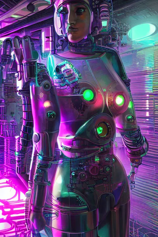 Image similar to portrait of humongous cyberpunk female android, symmetric, body full glowing vacuum tubes, realistic digital art, 3 d render of futuristic steampunk generators inside a huge steampunk engine, 8 k, fluorescent colors, halluzinogenic, multicolored, exaggerated detailed, unreal engine, by moebius