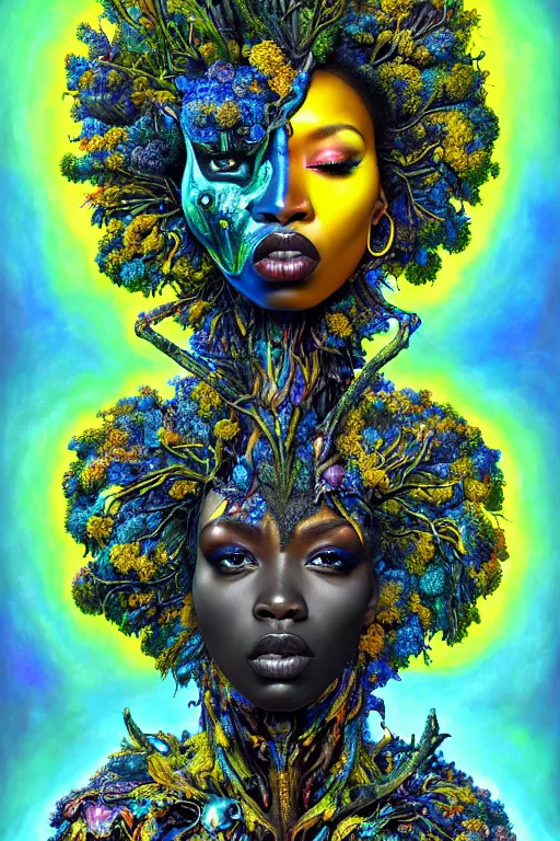 Prompt: hyperrealistic maximalist super expressive! black woman with exoskeleton armor, merging with tree in a forest, highly detailed digital painting masterpiece smooth cam de leon hannah yata dramatic pearlescent blue yellow light ground angle hd 8k sharp focus