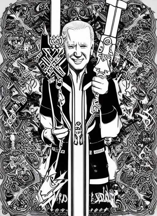 Prompt: joe biden as a kingdom hearts keyblade villain, official square enix hand painted line art, intricate design, high definition, delicate patterned, fantasy, fashionable rpg clothing