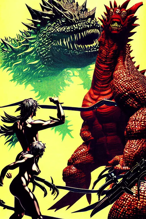 Image similar to adam and eve versus godzilla, gta smooth painting, illustration, torn cosmo magazine style, concept art, pop art style, art by yoji shinkawa, ayami kojima, tetsuya nomura, bob rafei