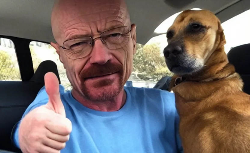 Image similar to walter white giving a thumbs up next to his dog, photo, selfie, trending, wholesome, supportive,