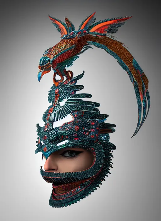 Image similar to 3 d goddess close - up profile portrait. beautiful intricate highly detailed mexican magpie helm and traditional mexican huipil! quetzalcoatl, stingray, bio luminescent, plasma, lava, ice, water, wind, stormy, creature, artwork by tooth wu and wlop and annie leibovitz, octane 3 d render