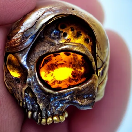 Prompt: a detailed alien skull inside amber, photo realistic, hd,