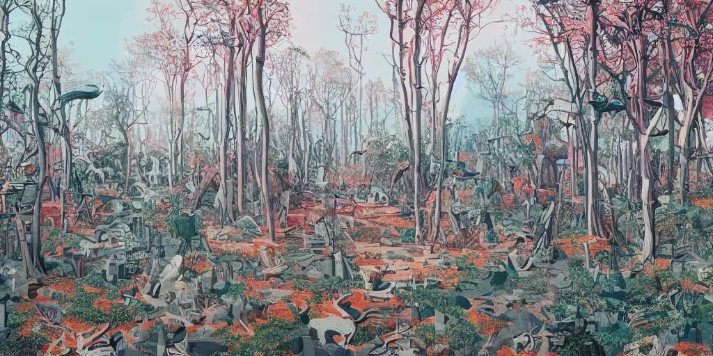 Image similar to painted forest landscape in the year 2020 with a single small brutalism monument in the center by james jean