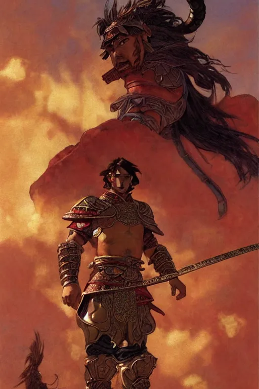 Prompt: tales from earthsea, attractive beefy male with armor, ancient china, three kingdoms, character design, dynamic lighting, cool and bright tint, painting by gaston bussiere, craig mullins, j. c. leyendecker, tom of finland