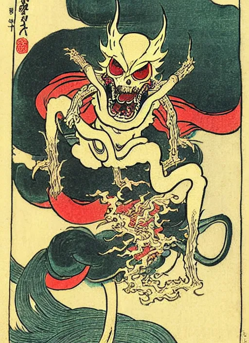 Image similar to ghost rider as a yokai illustrated by kawanabe kyosai and toriyama sekien