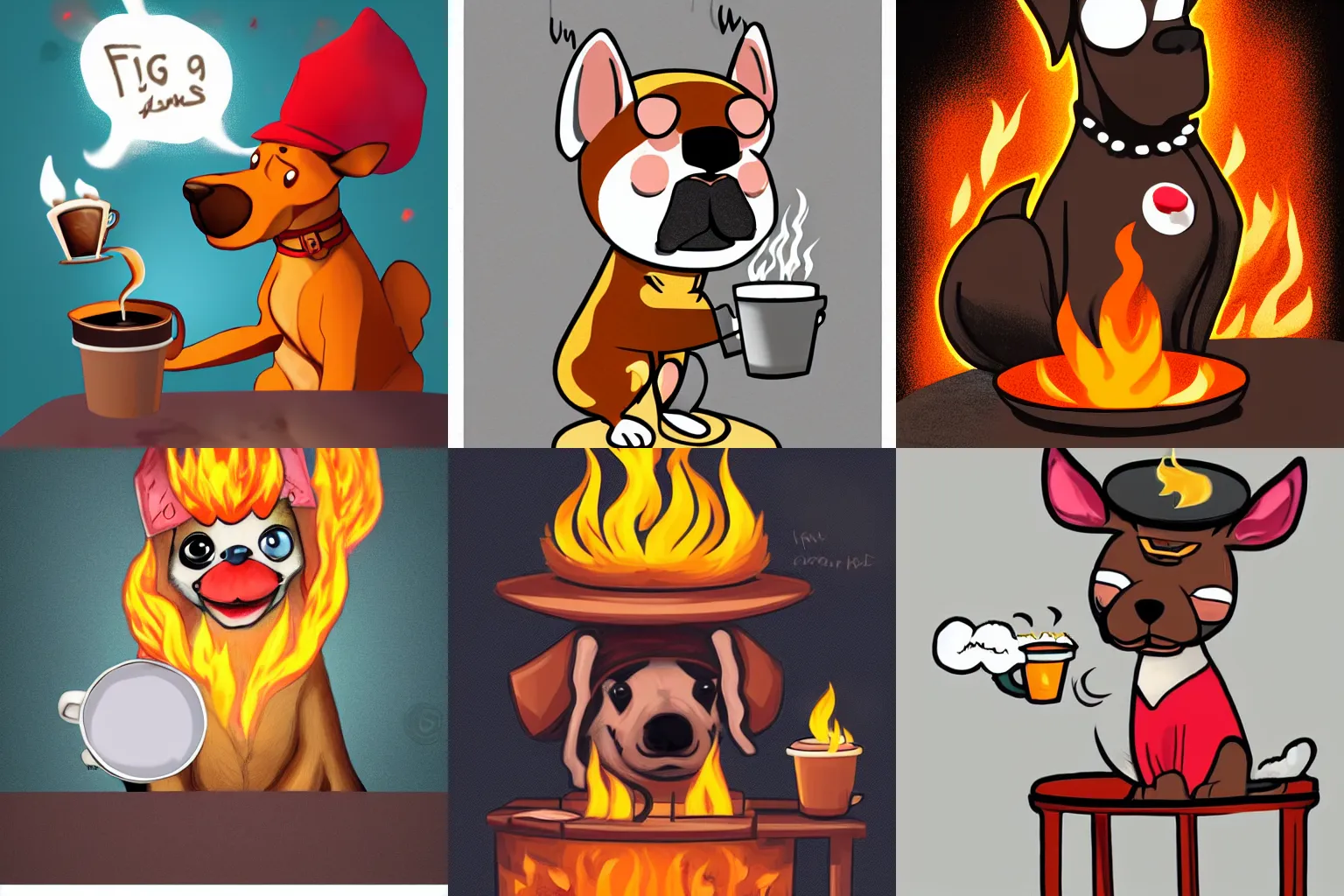 Prompt: a comic dog with large eyes wearing a tiny hat is sitting on a stool and drinking a cup of coffee, a large fire with high flames in the background, digital art, trending on artstation