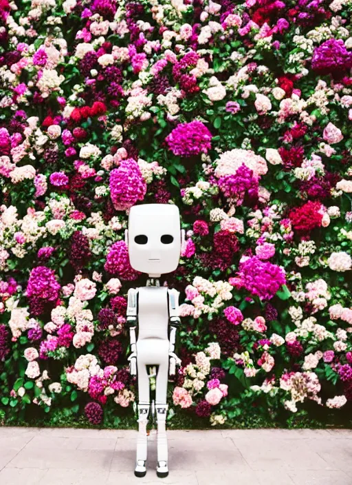 Image similar to a portrait photograph of a robot head in front of a wall of flowers designed by Balenciaga, 35mm, pentax, studio