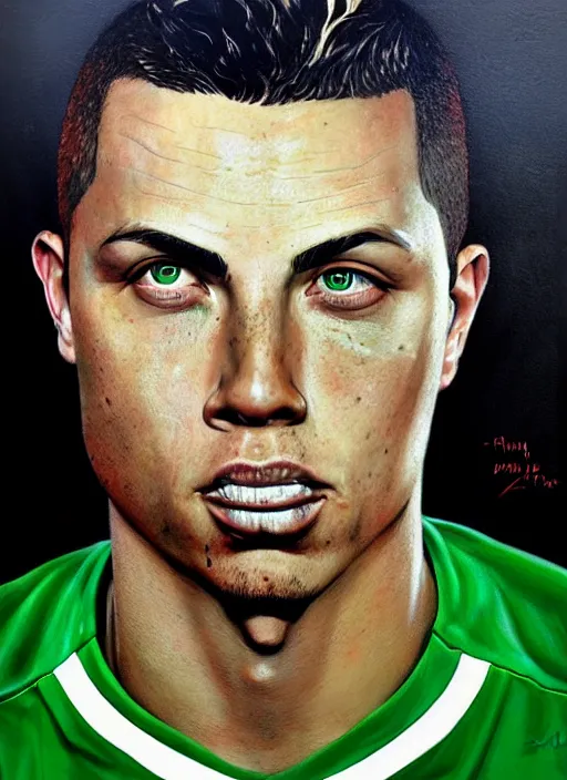 Image similar to portrait of ronaldo nazario, wearing green soccer clothes, very detailed eyes, hyperrealistic, very detailed painting by glenn fabry, by joao ruas, by artgerm