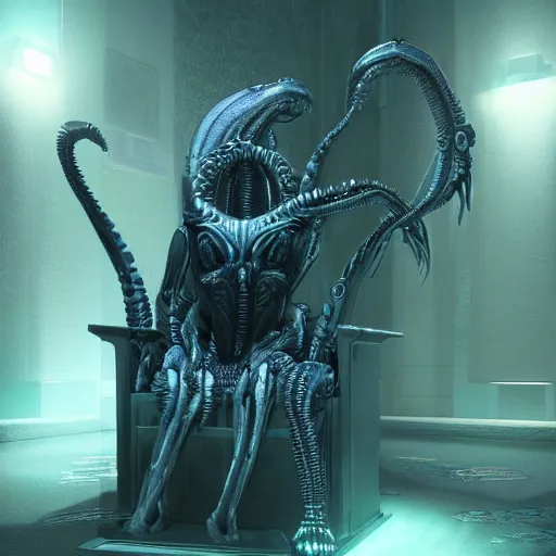 Image similar to a realistic sanke from metal gear dressing necromancer clothes sited in a xenomorphic throne with glow neon eyes, finely detailed, 4 k, photorealistic, cycles engine,