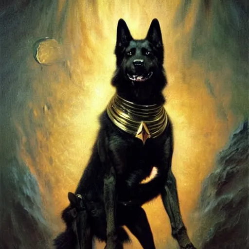 Image similar to a portrait of a black humanoid german shepard dogman canine star trek the next generation. highly detailed painting by gaston bussiere, craig mullins, j. c. leyendecker, furry