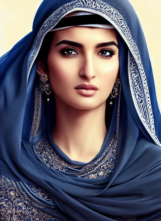 Image similar to arab female ameera al taweel, blue eyes, black hair, white veil, in the style of stefan kostic, realistic, sharp focus, 8k high definition, insanely detailed, intricate, elegant, art by stanley lau and artgerm