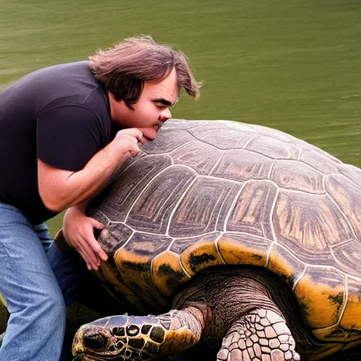 Image similar to jack black kissing a giant turtle, national geographic photo, 8 k