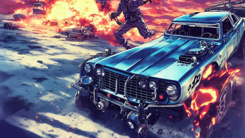 Image similar to anime illustration of mad max's fj 4 0 pursuit special, the last v 8 interceptor driving down to the gates of valhalla highway, riding fury road eternal shiny and chrome, world of fire and blood, by makoto shinkai, ilya kuvshinov, lois van baarle, rossdraws, basquiat, global illumination ray tracing hdr