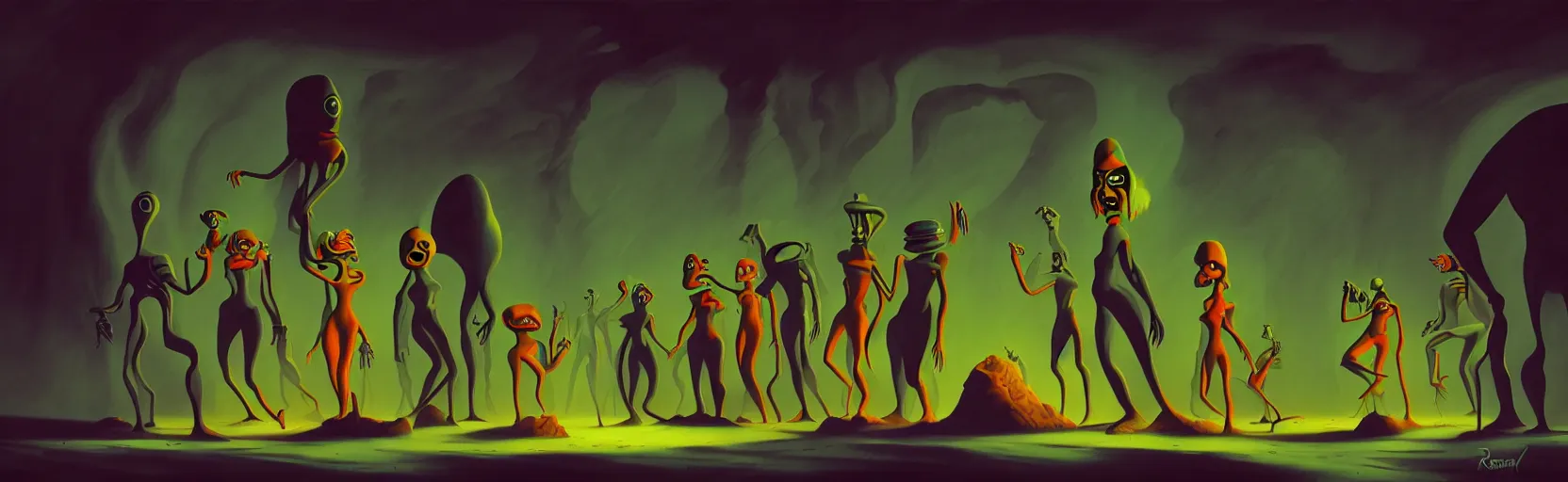 Image similar to uncanny repressed mutants from the depths of a vast wasteland in the collective unconscious, dramatic lighting, surreal dark 1 9 3 0 s fleischer cartoon characters, surreal painting by ronny khalil